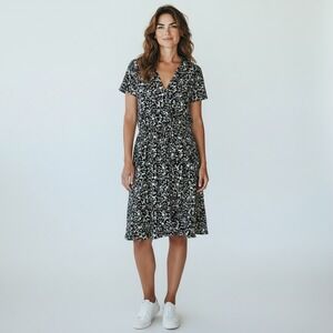 J.CREW Mercantile Black Ditsy Floral Faux Wrap Dress Sz L Office Casual Work‎